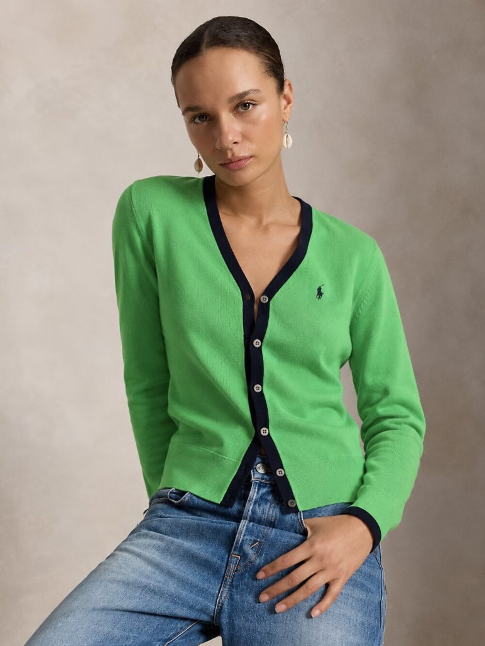 Ralph Lauren Sport Green Navy Trim V Neck Cardigan Medium
